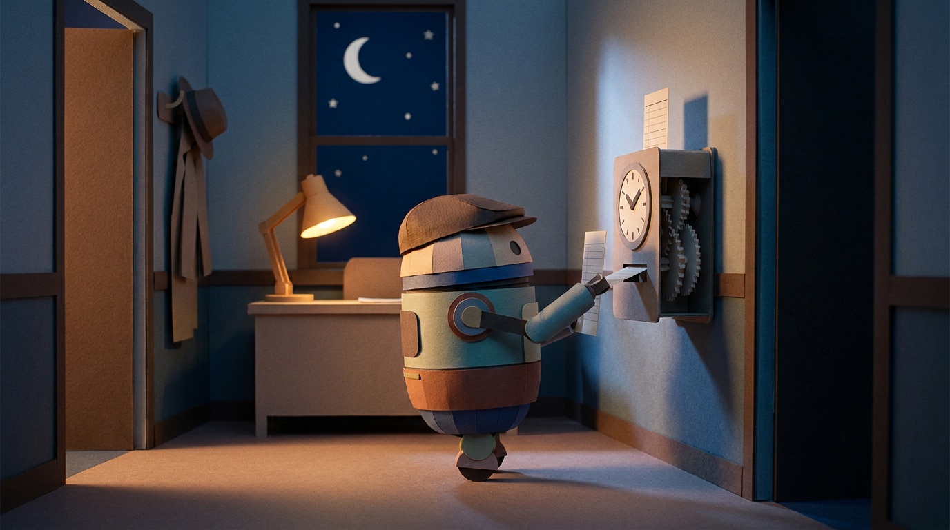 Papercraft robot in a night-shift cap punching a time card into a wall clock in a dark office at 2am, moon in the window and the owner's coat on a hook