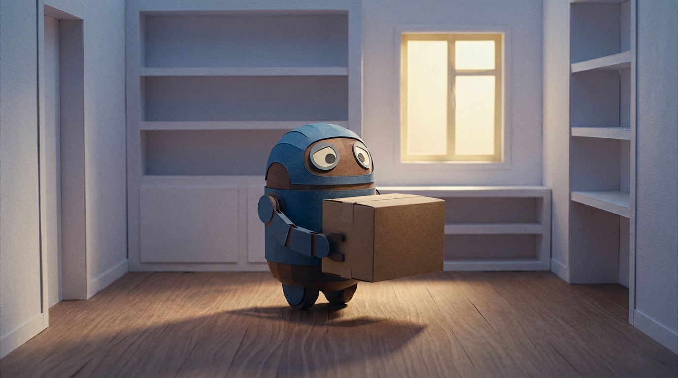 Papercraft courier robot holding a single cardboard box in a completely empty apartment with bare shelves, illustrating a fresh repo clone with no local files