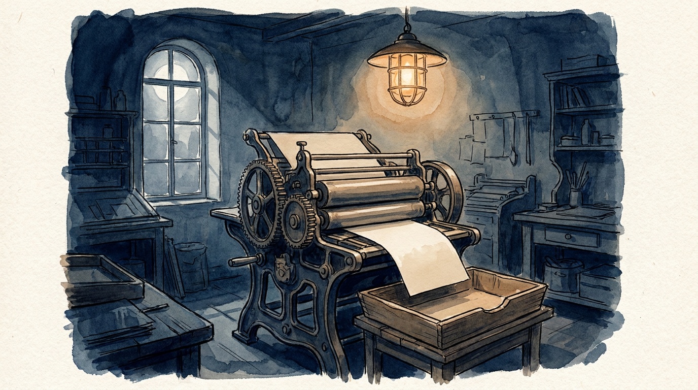 Watercolor of a vintage printing press running alone at night in an empty print shop, a fresh sheet sliding into a wooden tray under a hanging lamp