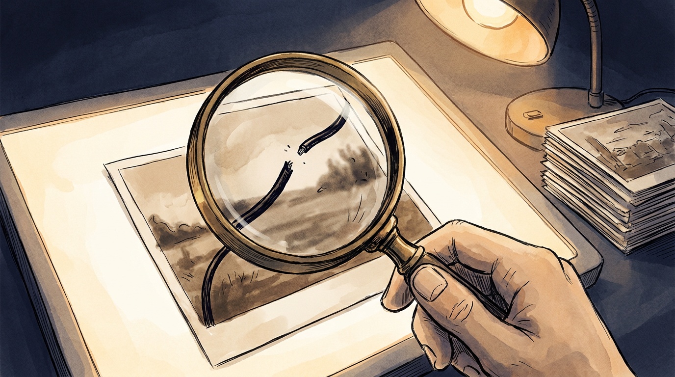 A hand holds a brass magnifying glass over a photo on a light table, revealing a broken cable that the rest of the picture hides, beside a stack of checked photos