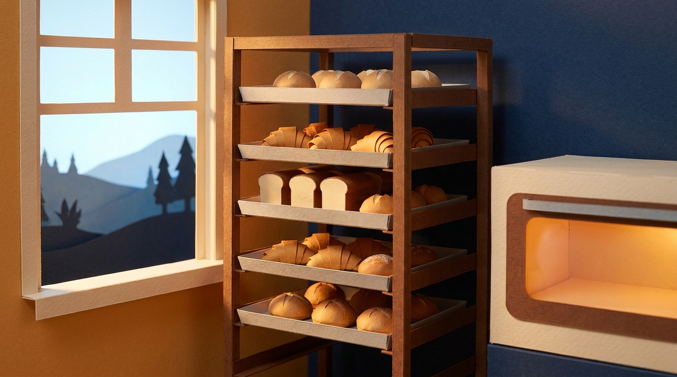 Papercraft bakery at dawn: a wooden rack holds five trays of fresh loaves and croissants beside a softly glowing oven, pale blue sky in the window