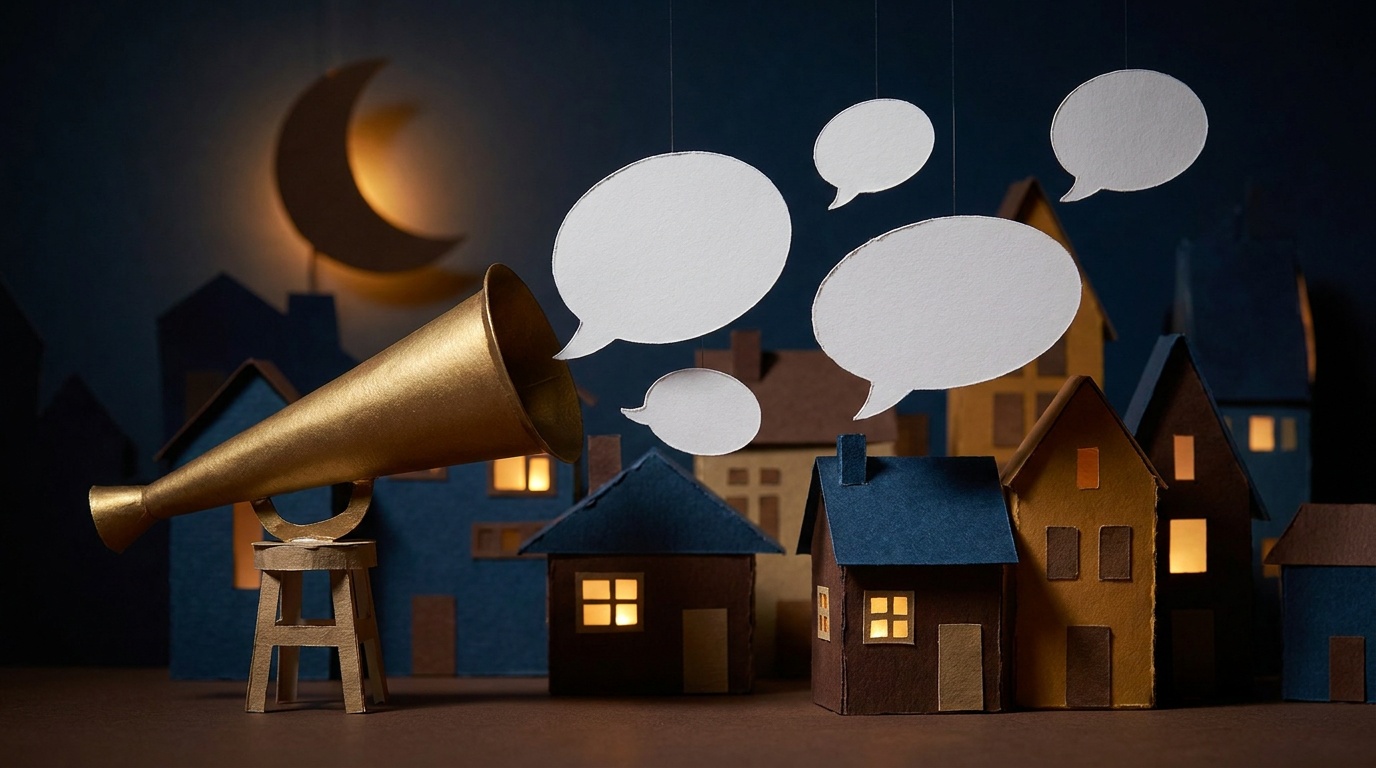 Papercraft night town with a brass ear trumpet on a stand, its bell aimed at blank paper speech bubbles floating above the lit rooftops