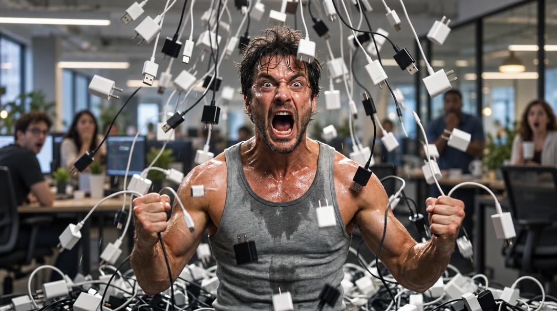 Photoreal still: a sweaty man in a grey tank top roars with fists clenched in an open-plan office as hundreds of USB wall chargers rain down on him while stunned coworkers watch