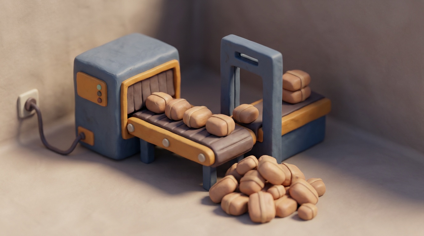 Clay diorama of a conveyor belt carrying parcels toward a narrow gate: two parcels pass through onto a tidy stack while a large heap of rejected parcels spills onto the floor