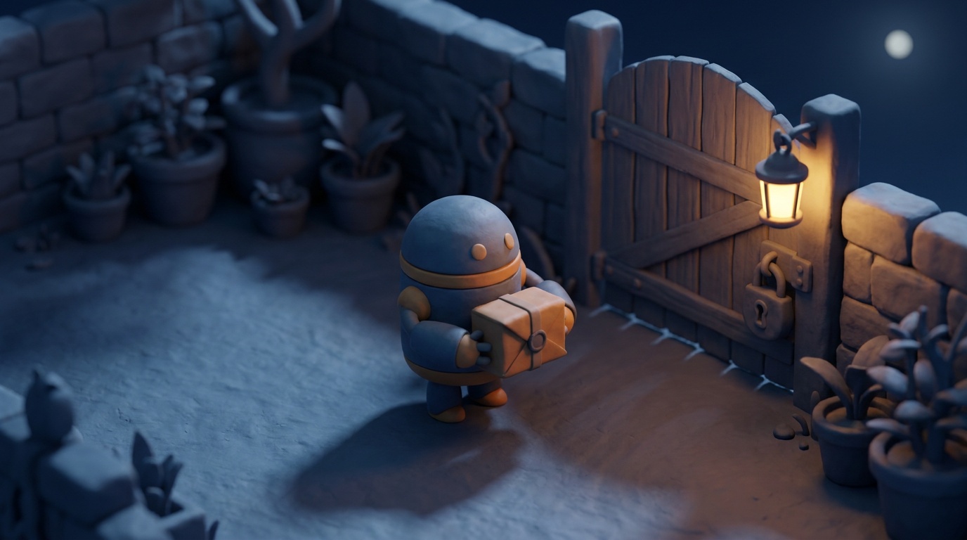 Clay diorama at night: a small robot stands still holding a sealed parcel in front of a closed garden gate with a heavy padlock, lit only by moonlight and a lantern