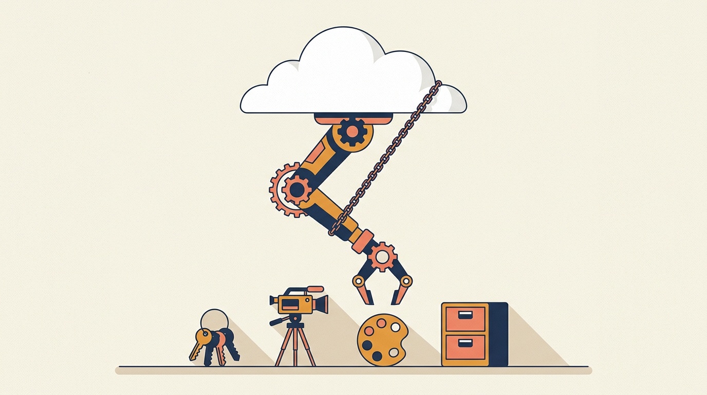 A chained robotic arm reaching down out of a cloud, its gripper stopping short above a ring of house keys, a video camera on a tripod, a paint palette and a filing cabinet sitting on the ground