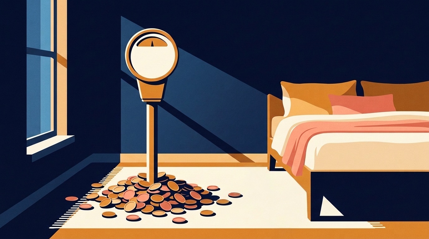 A coin-operated parking meter with a blank dial standing beside an empty bed in a moonlit bedroom, a thick heap of coins piled around its base