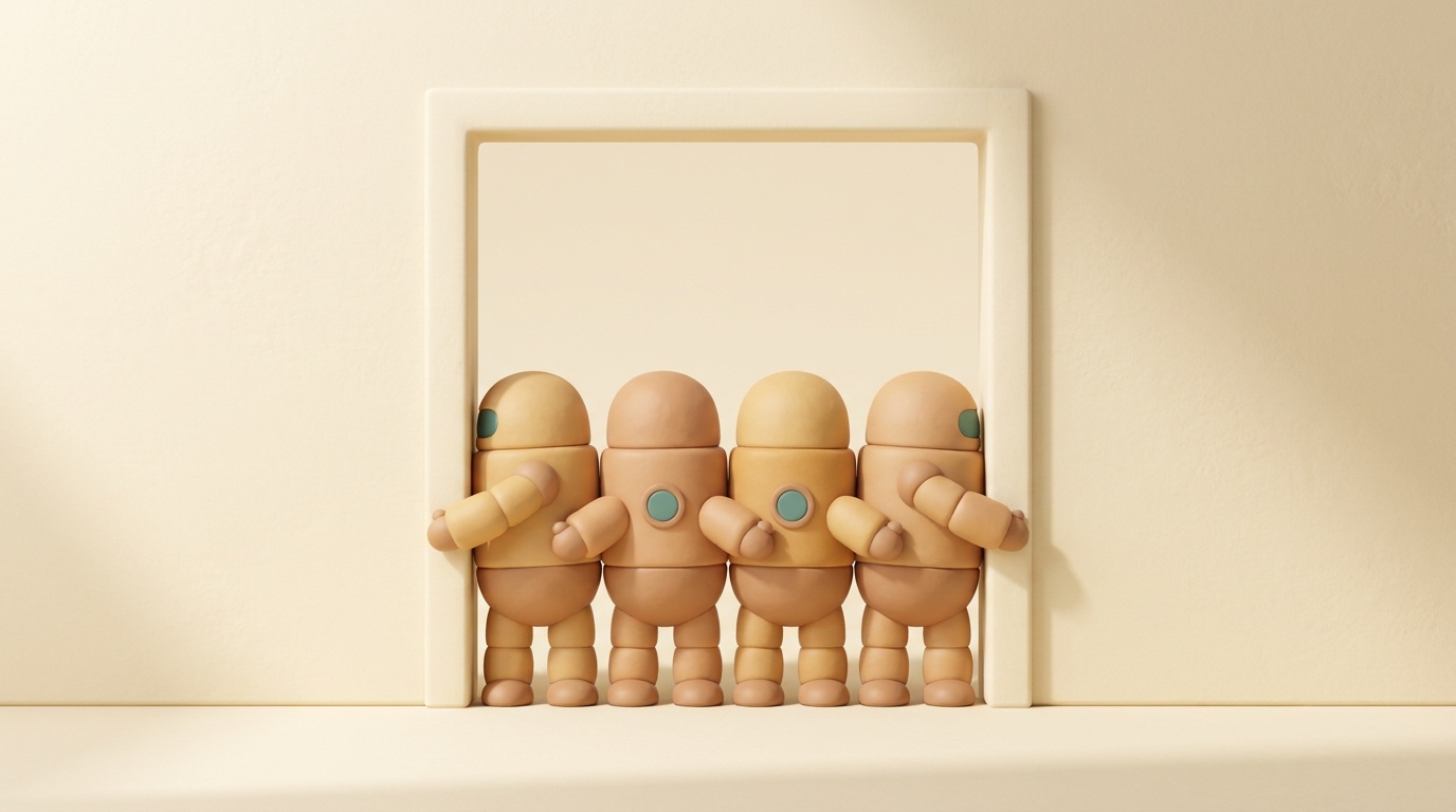 Four identical clay-style toy robots wedged shoulder to shoulder in a single doorway, all stuck trying to get through at once