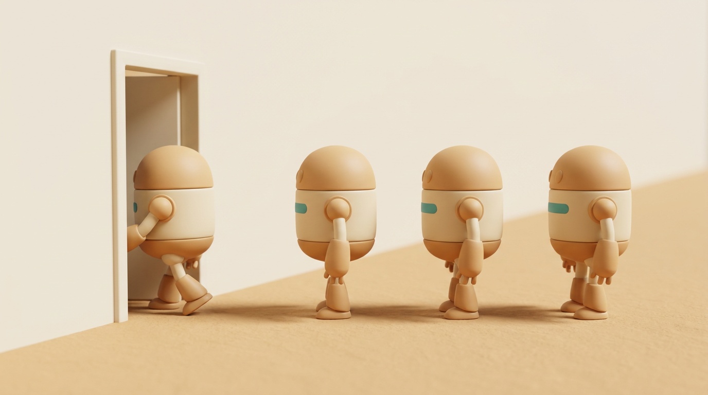 Four clay-style toy robots waiting in an orderly single-file queue while the front one steps alone through the doorway