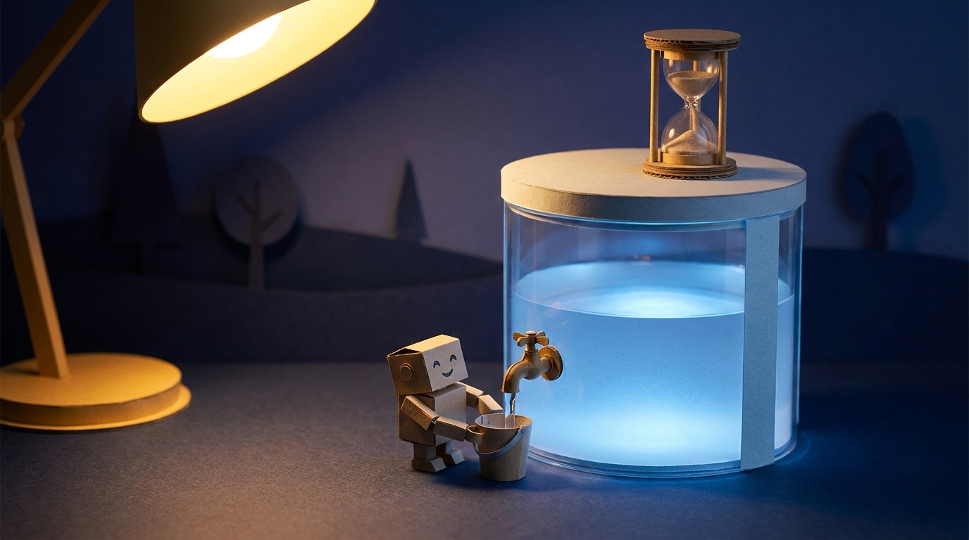 Papercraft hourglass sitting on a draining glass water tank while a small paper robot fills a bucket from its tap under a desk lamp at night